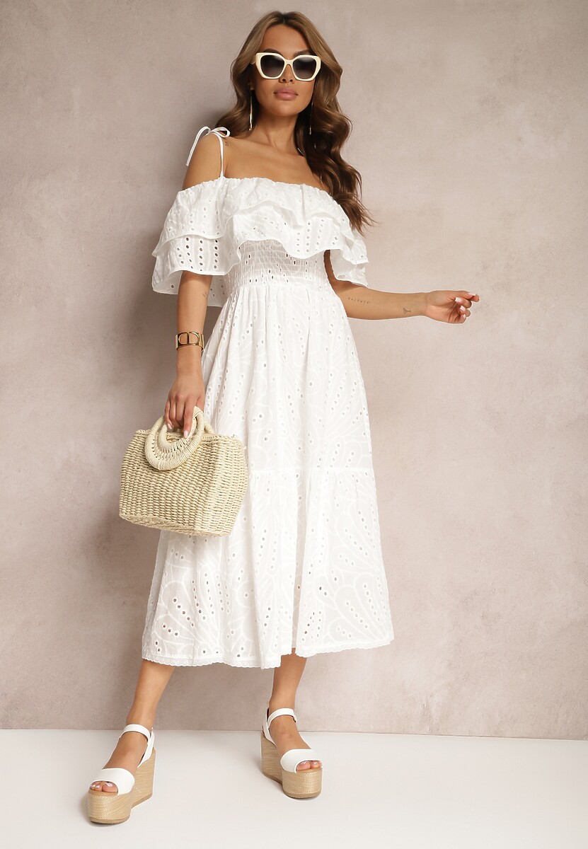 Biała Bawełniana Sukienka Hiszpanka z Gumką w Pasie i Falbanką Pavaria