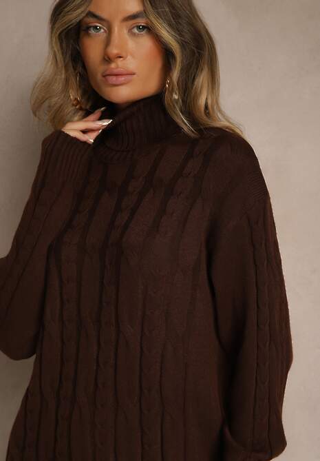Brązowa Prążkowana Sukienka z Golfem z Dzianiny z Wełną Essandra