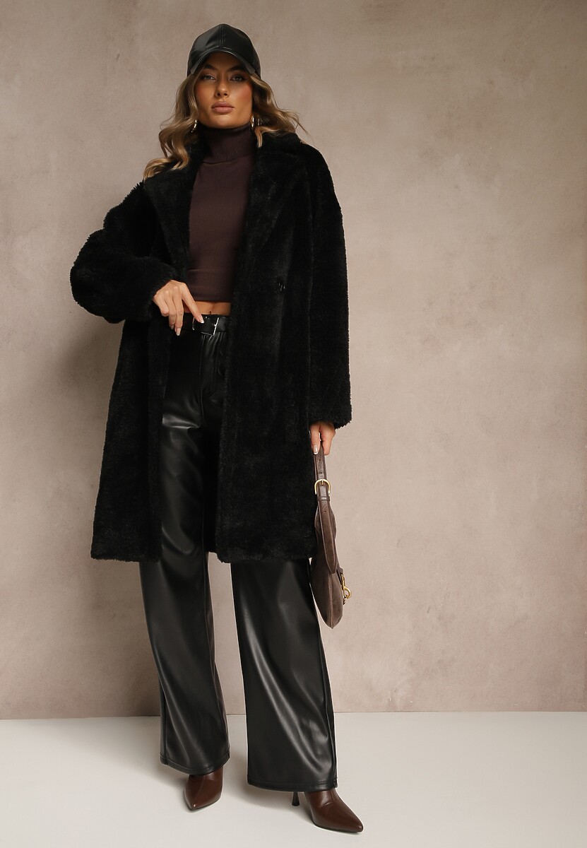 Czarny Płaszcz Teddy o Dwurzędowym Kroju Oversize Azzena