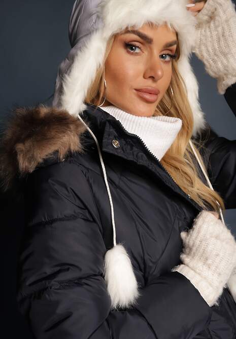 Granatowa Długa Pikowana Kurtka w Stylu Parki z Troczkiem w Pasie i Sztucznym Futerkiem Abelasa