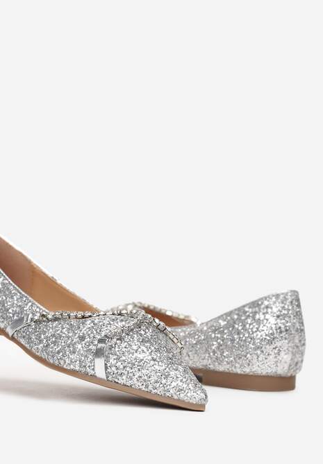 Srebrne Balerinki ze Szpiczastym Noskiem  i Ozdobnym Paskiem z Cyrkoniami Tinara