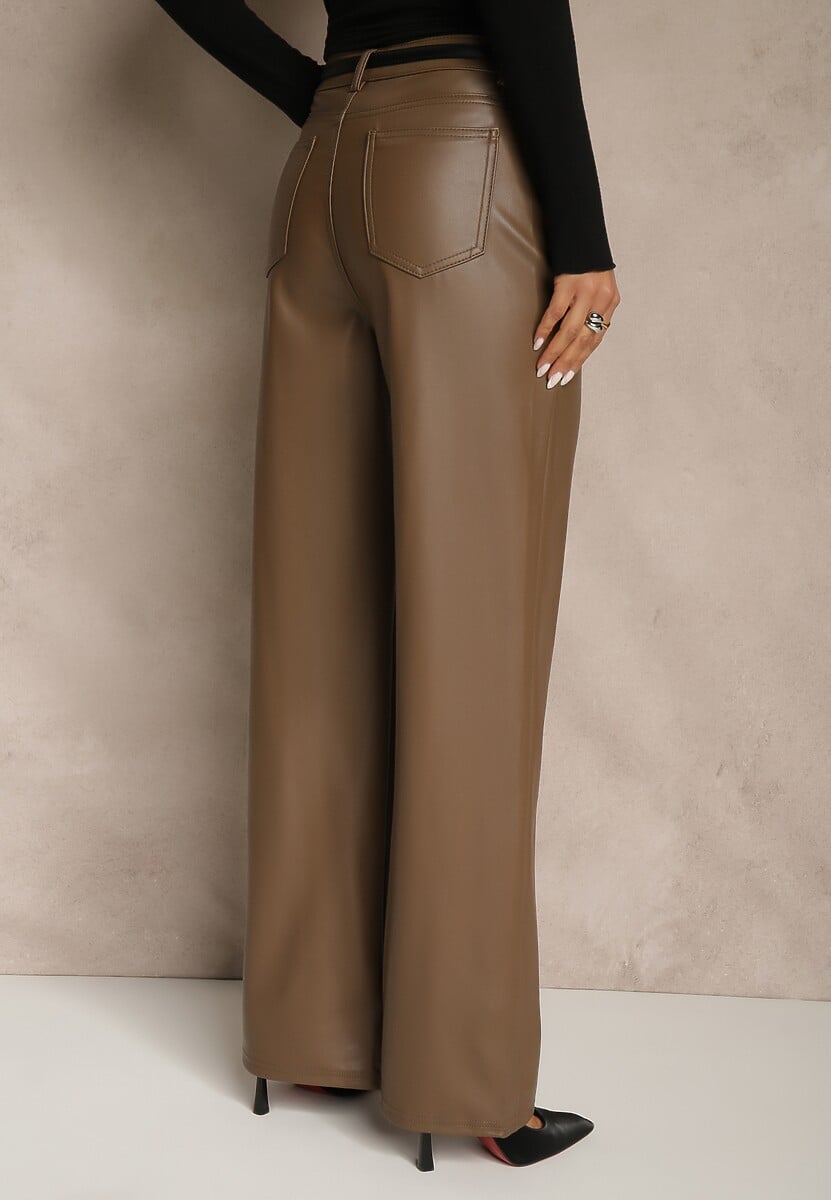 Jasnobrązowe Szerokie Spodnie High Waist z Imitacji Skóry Curbelo