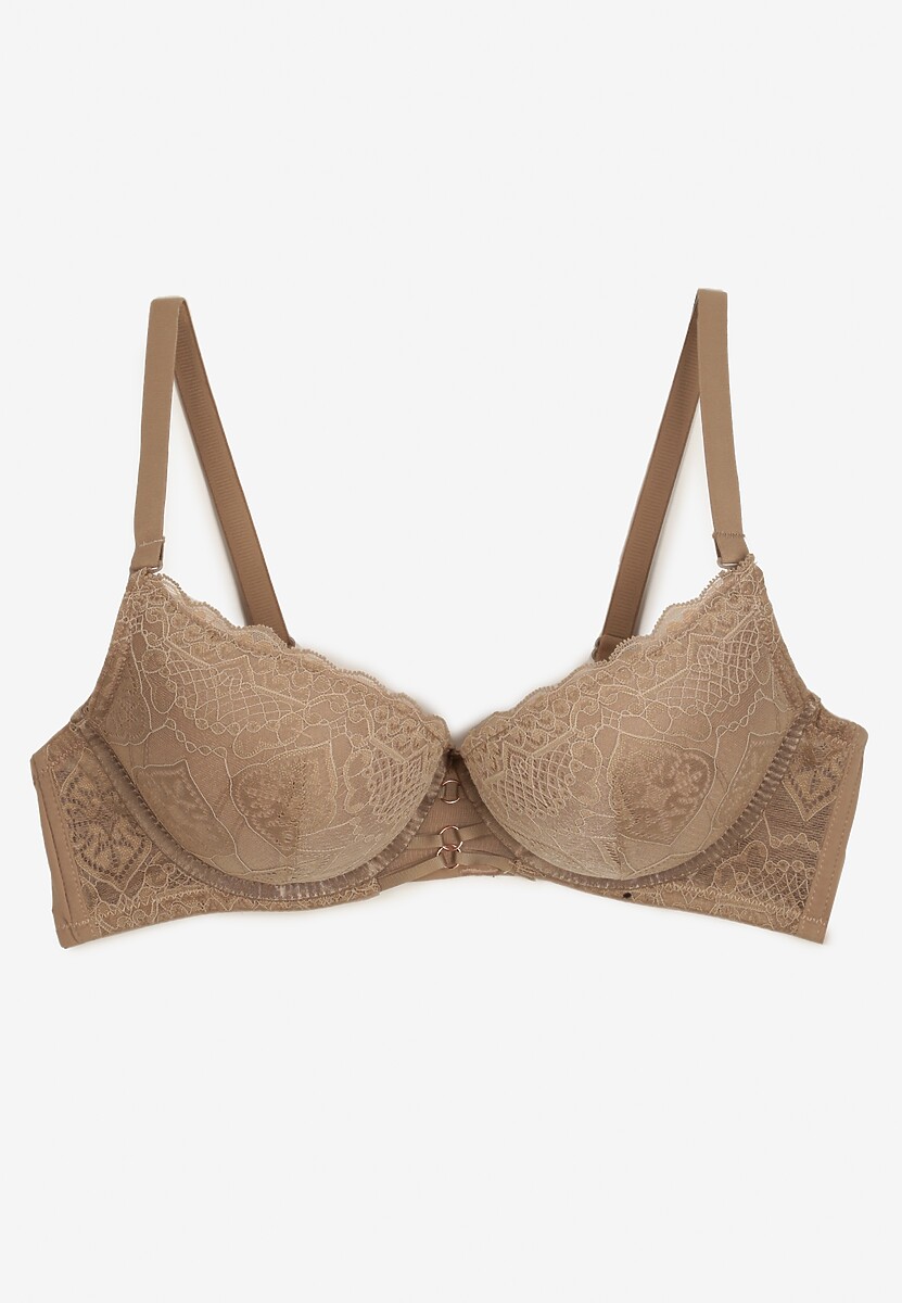 Ciemnobeżowy Elegancki Biustonosz Miseczka C z Koronką i Zapięciem na Haftki Mairiel