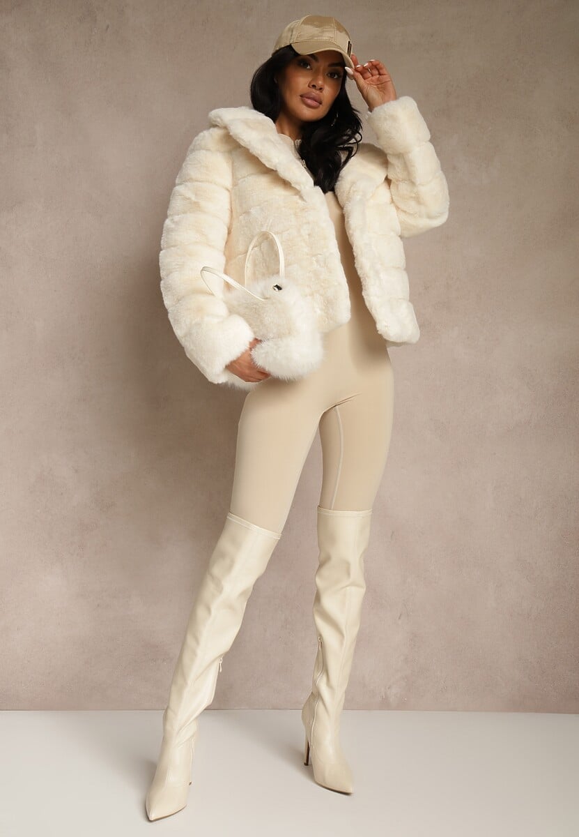 Jasnobeżowa Futrzana Kurtka z Wywiniętym Kołnierzem Snaline