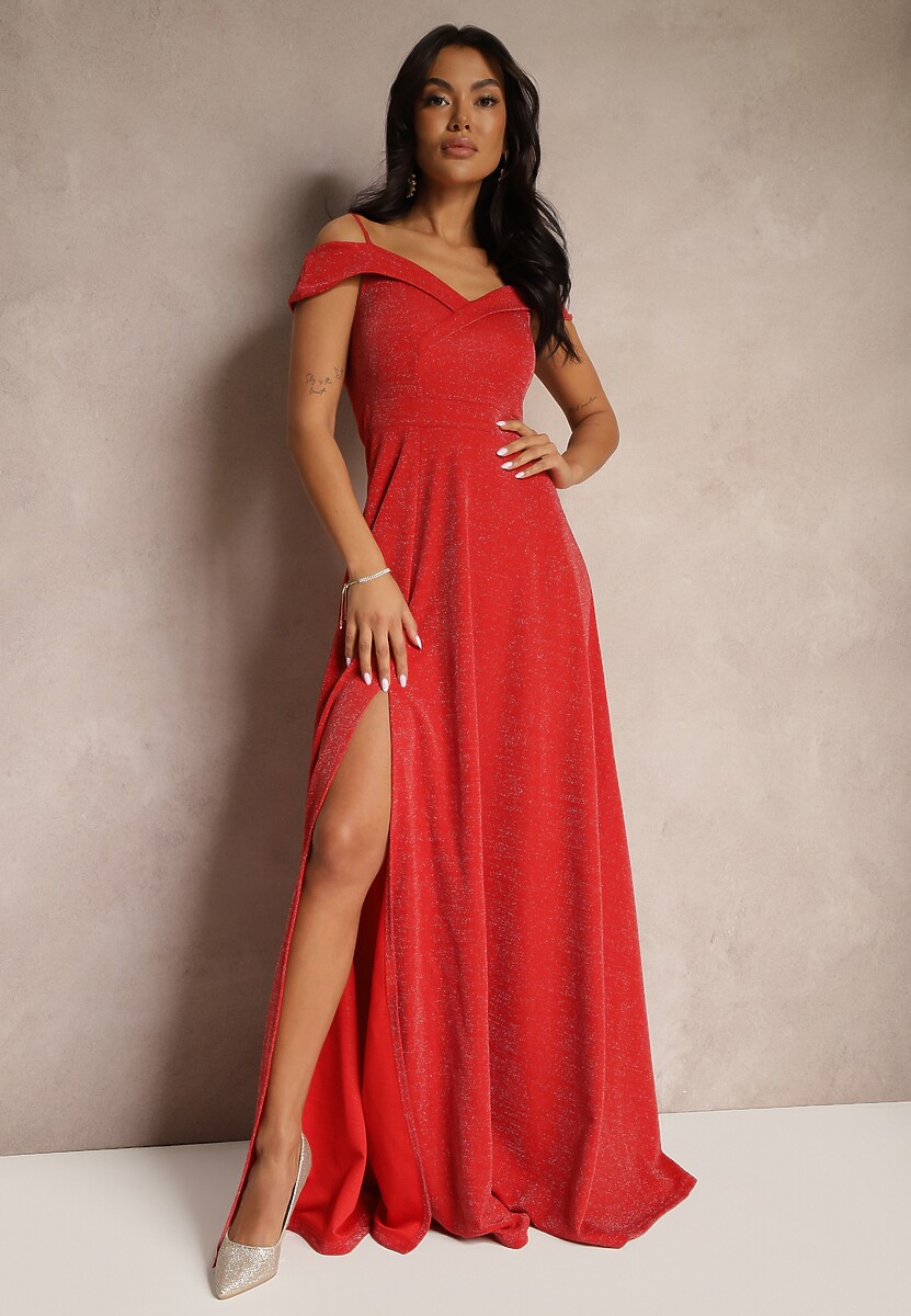 Czerwona Koktajlowa Sukienka o Rozkloszowanym Kroju z Metaliczną Nicią Emilinea