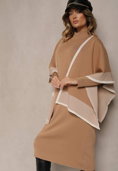 Beżowy Komplet z Dzianiny z Wiskozy Sukienka i Narzutka Ilandriel