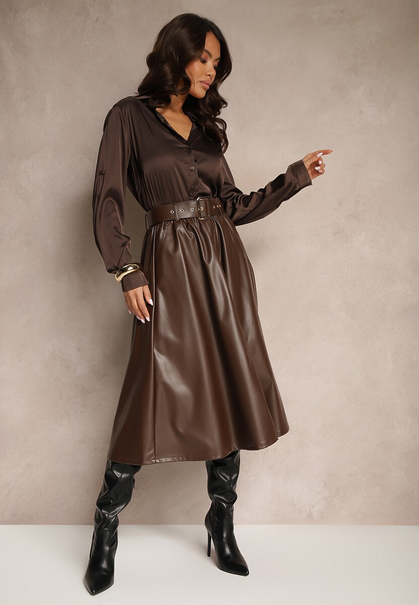 Brązowa Spódnica z Ekoskóry o Rozkloszowanym Kroju z Paskiem Sewida