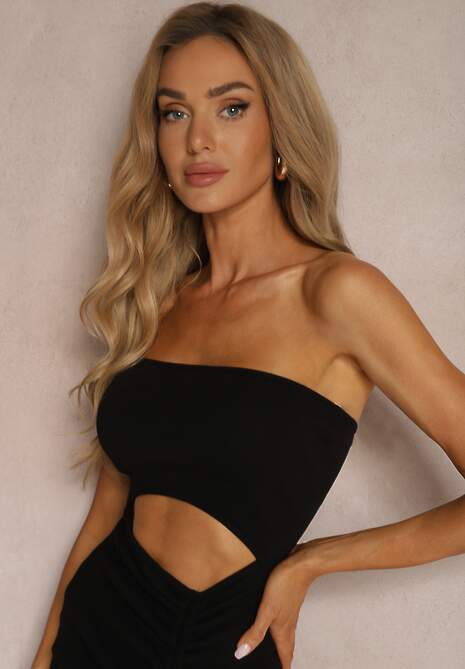 Czarna Sukienka Dopasowana Bandeau z Bawełny z Ozdobnym Rozcięciem w Pasie Vikisaema