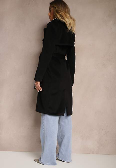 Czarny Dwurzędowy Płaszcz z Wiskozy z Paskiem w Talii Beluna