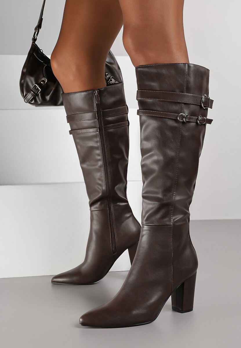 Brązowe Kozaki do Kolan na Słupkowym Obcasie ze Sprzączkami na Paskach Miobela