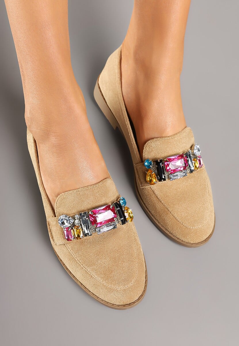 Ciemnobeżowe Wsuwane Mokasyny z Aplikacją z Kryształków Palirona