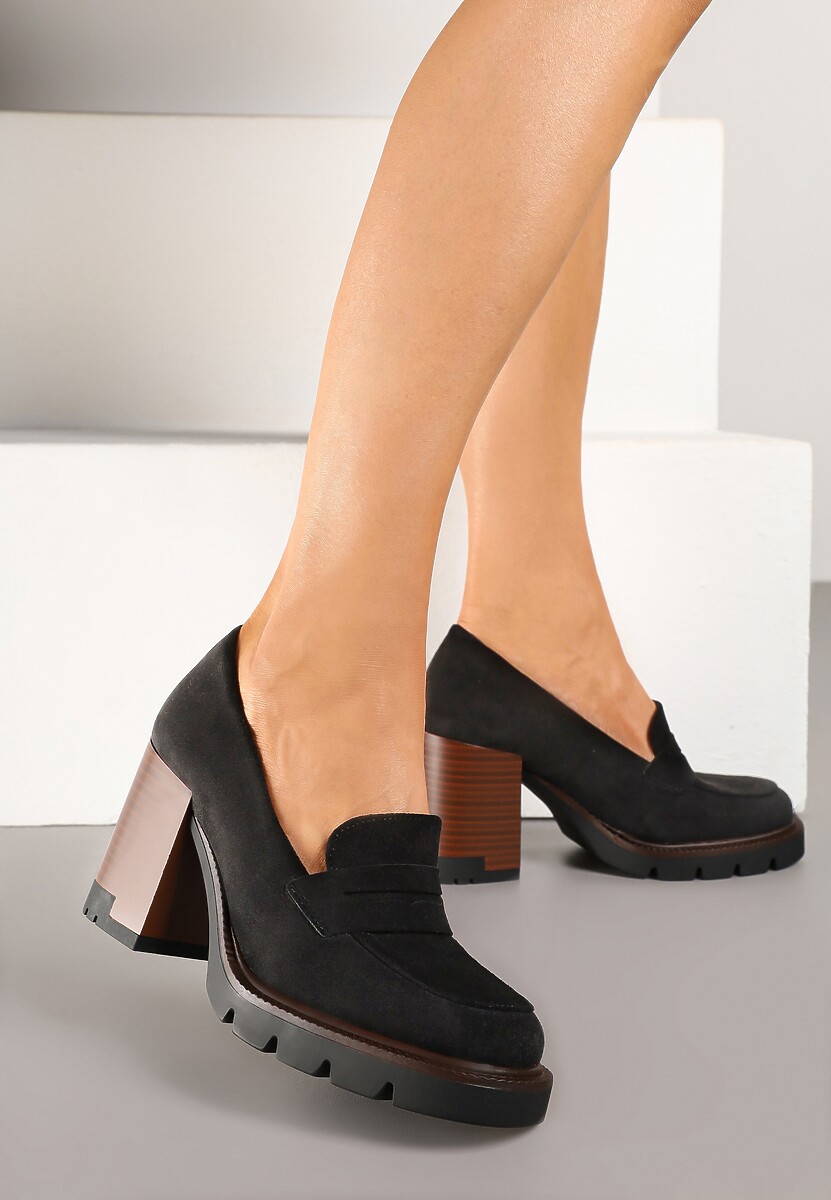 Czarne Półbuty na Słupku z Platformą z Imitacji Zamszu ze Skórzaną Wkładką Ileriaa