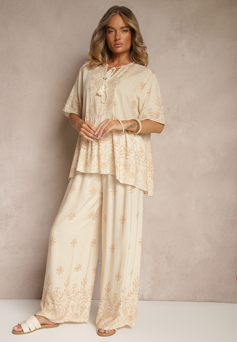 Beżowy Komplet z Wiskozy Spodnie i Bluzka Ozdobiona Wiązaniem Lunarelis