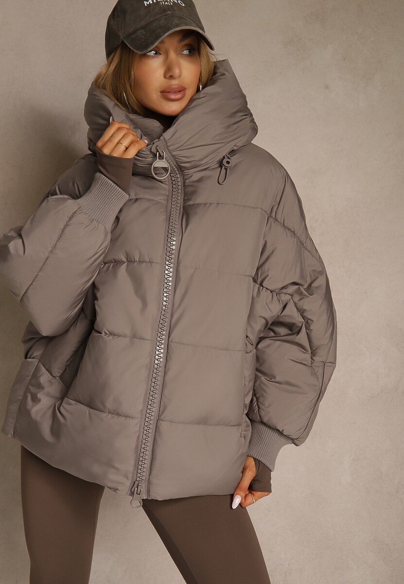 Szara Oversizowa Kurtka Puffer z Kaputrem Mevenassa