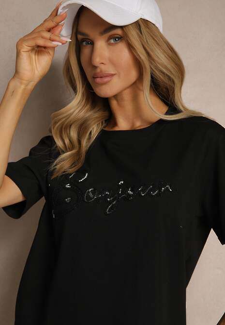 Czarny Bawełniany T-shirt Zdobiony Haftowanym Napisem z Cekinami Ulionis