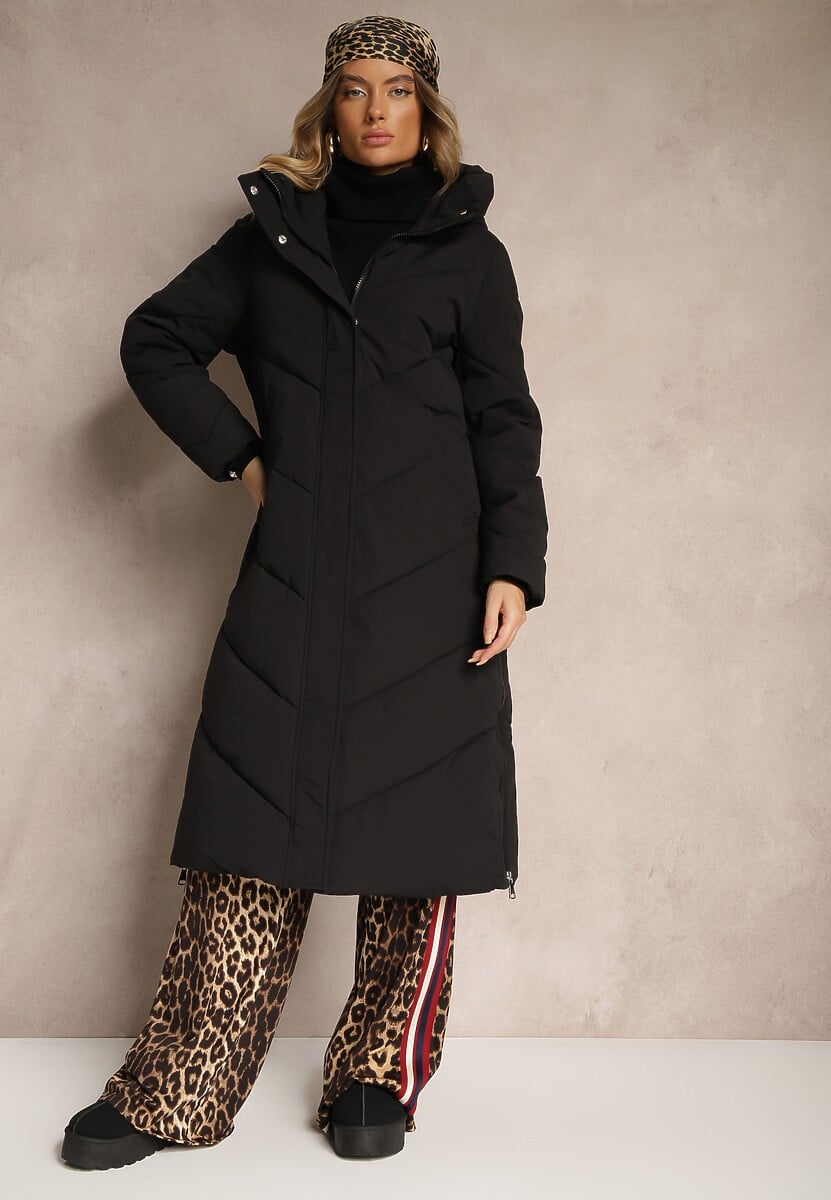 Granatowa Długa Kurtka Pikowana z Nieodpinanym Kapturem Nerindale