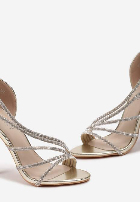 Złote Asymetryczne Sandały na Szpilce Zdobione Cyrkoniami Aarnia