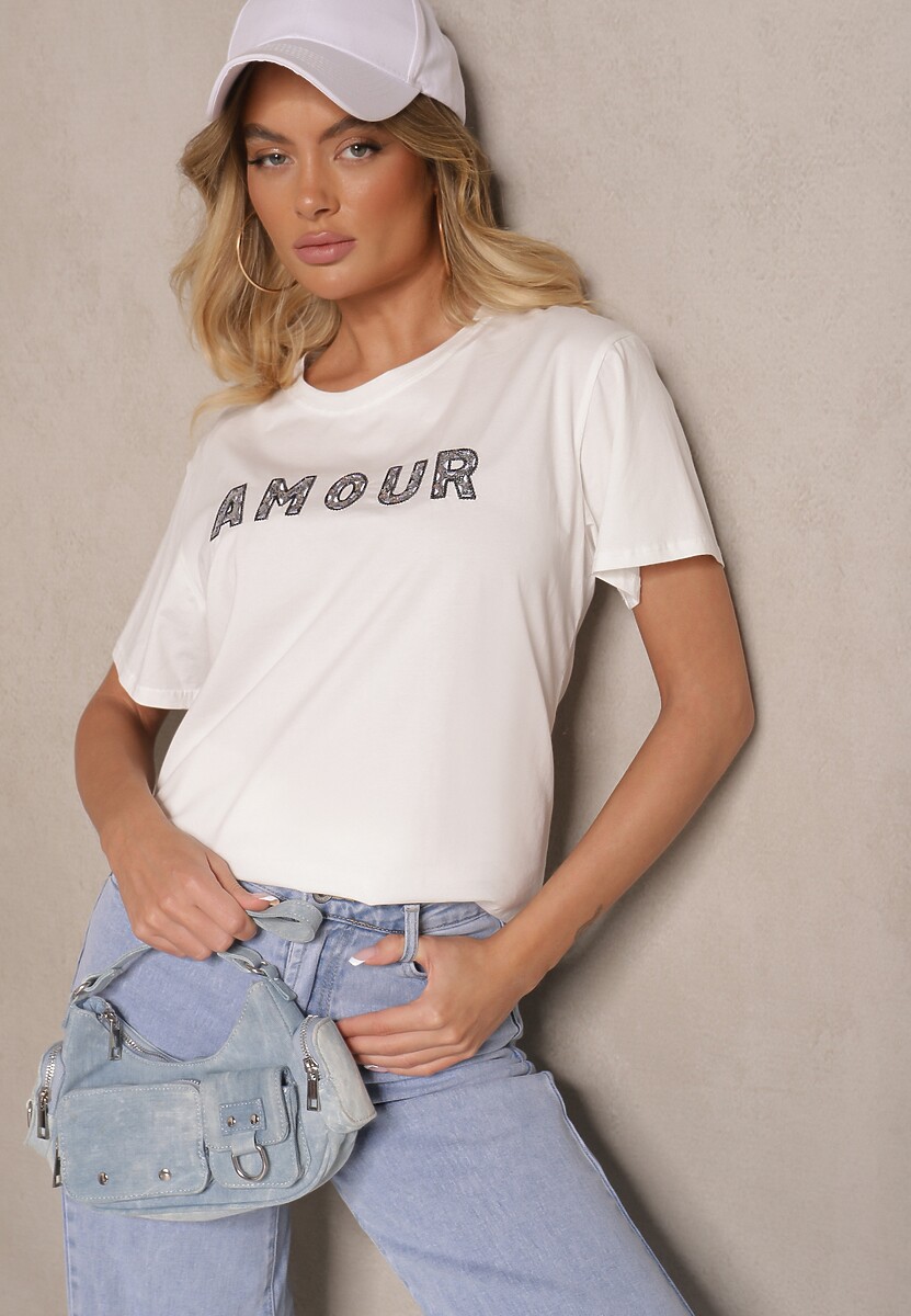 Biały Bawełniany T-shirt z Napisem z Cekinami Marivinna