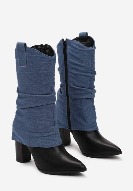 Niebieskie Kowbojki Kozaki na Obcasie z Wywiniętą Marszczoną Cholewką Vilimaini