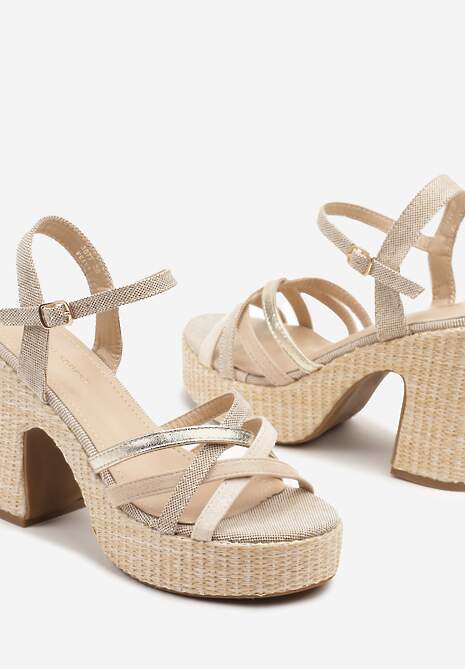 Ciemnobeżowe Sandały na Słupku i Platformie z Plecionką Tatalis