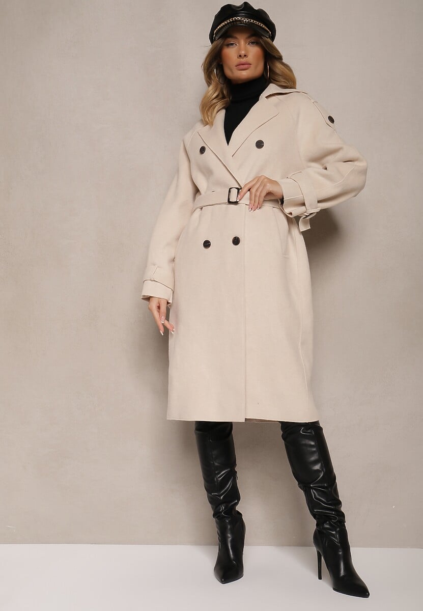 Jasnobeżowy Płaszcz o Dwurzędowym Fasonie z Paskiem Nivela