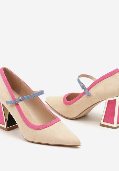 Beżowe Czółenka na Słupku z Metaliczną Wstawką i Paskiem Linnelea