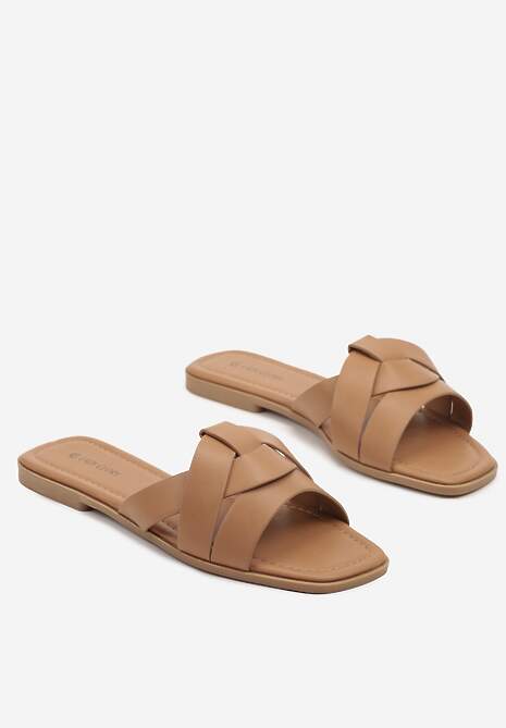 Jasnobrązowe Klapki Ozdobione Geometryczną Cholewką Orrona