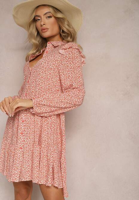 Różowa Mini Sukienka o Rozkloszowanym Kroju w Kwiaty z Falbankami Limrena