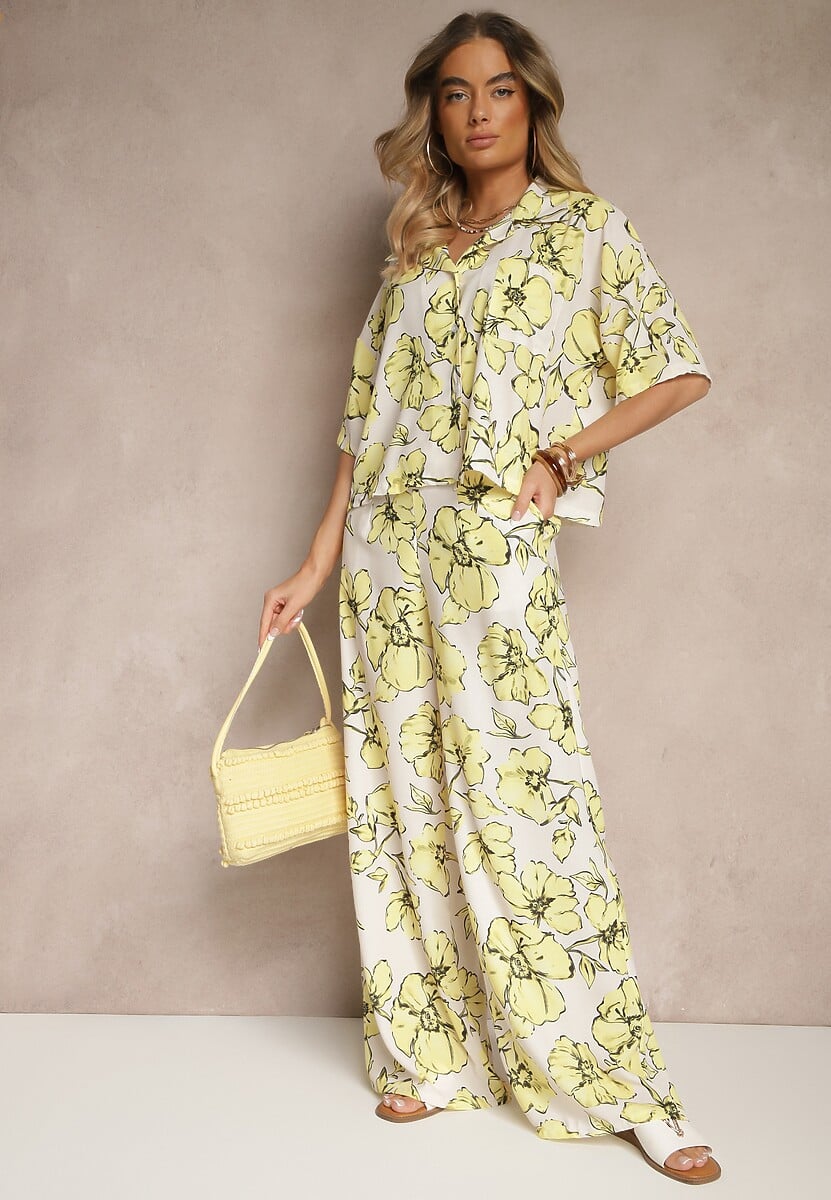 Żółty Komplet w Kwiaty Koszula z Krótkim Rękawem i Szerokie Spodnie Revanae