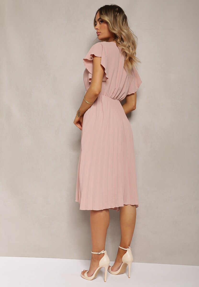 Ciemnoróżowa Rozkloszowana Sukienka z Plisami i Dekoltem w V Rissari