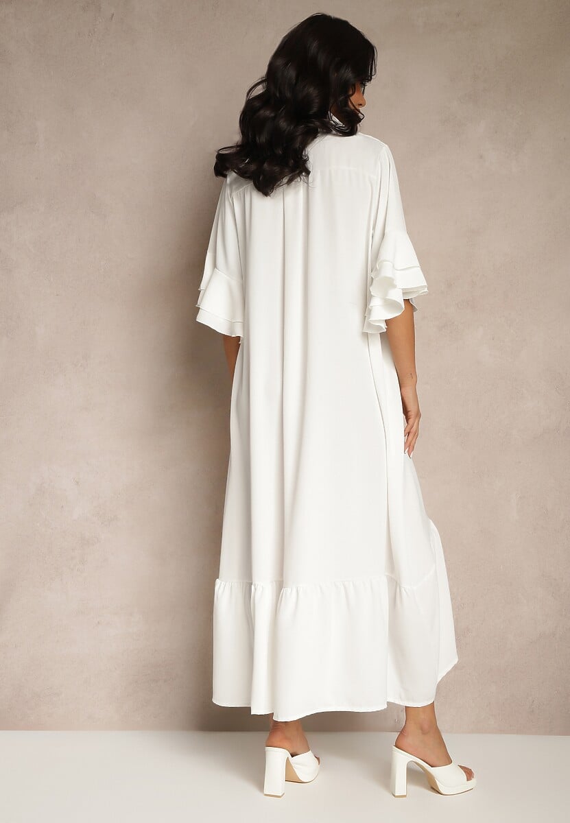 Biała Koszulowa Sukienka Ozdobiona Falbanką Ransara