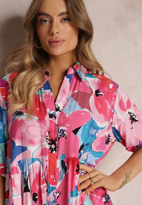 Różowa Koszulowa Sukienka Mini z Wiskozy z Falbaną na Dole Yalle