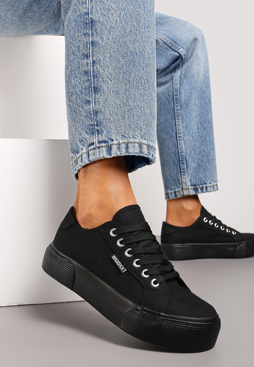 Czarne Casualowe Trampki przed Kostkę na Platformie ze Sznurowaniem Reapita
