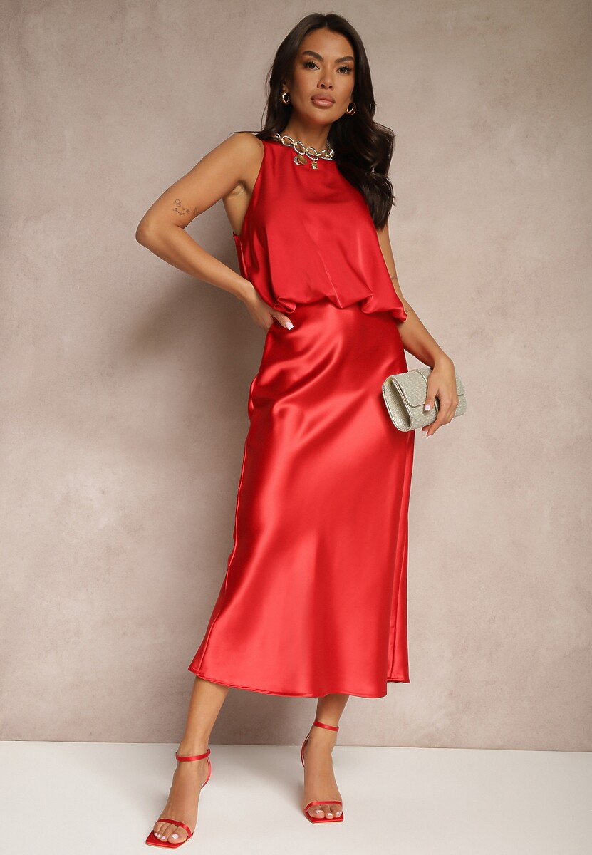 Czerwona Bluzka Bombka Bez Rękawów z Brokatową Lamówką przy Dekolcie Alarilis