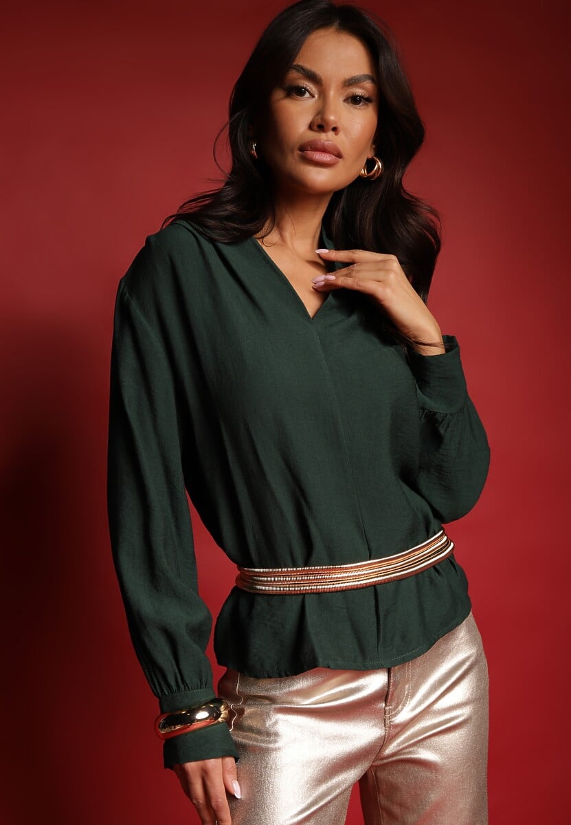 Czarna Bluzka z Bufiastymi Rękawami i Trójkątnym Dekoltem Hilko