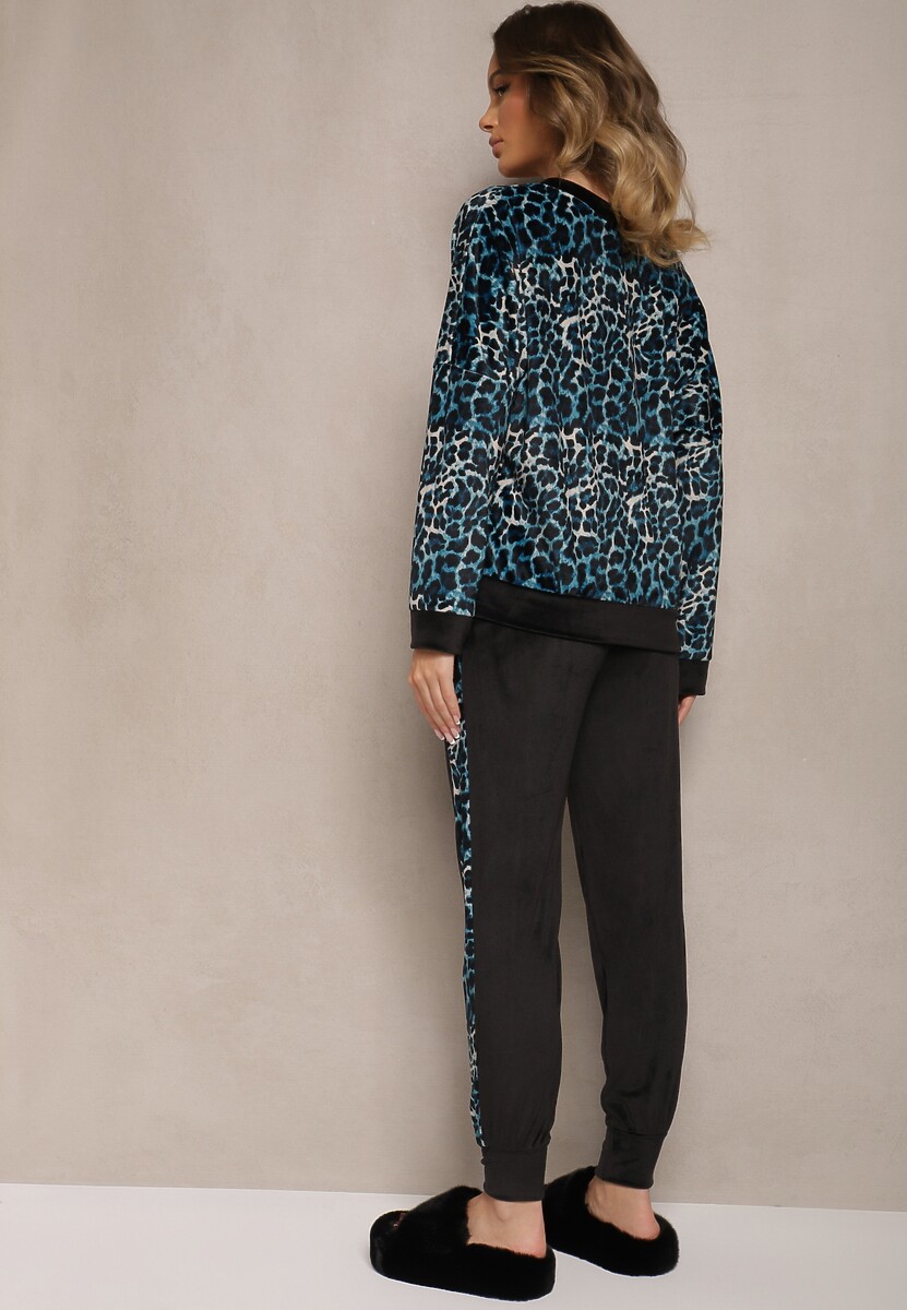 Niebiesko-Czarny Komplet Dresowy Welurowy Bluza i Joggery w Panterkę Froliti