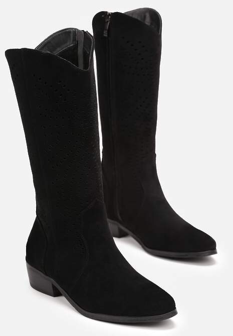 Czarne Botki Kowbojki z Ażurową Cholewką na Niskim Stożku Fellime