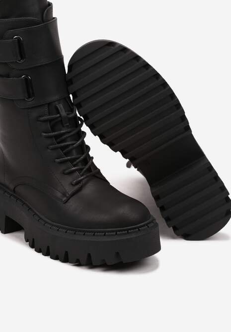 Czarne Botki na Platformie w Stylu Workerów Ozdobione Paskami na Rzep Sairona