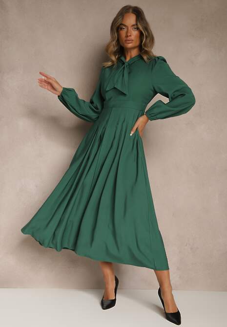 Zielona Sukienka Plisowana z Wiskozy Ozdobiona Wiązaniem Farrive