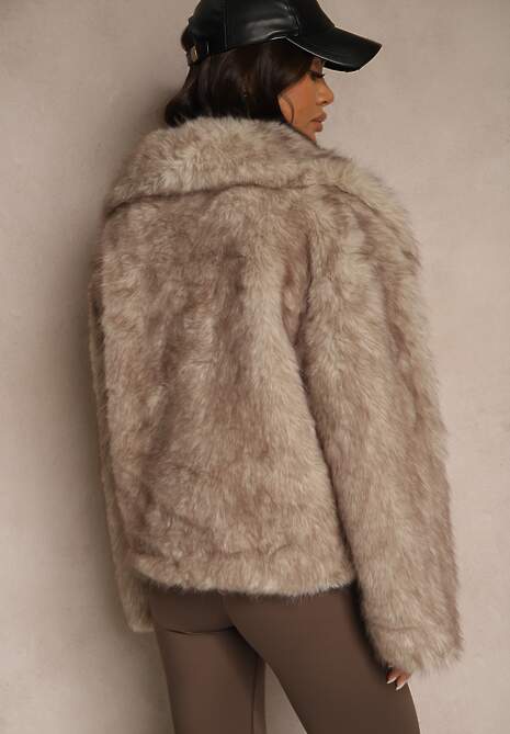 Beżowa Futerkowa Kurtka Dwurzędowa z Szerokim Kołnierzem Fesandrea
