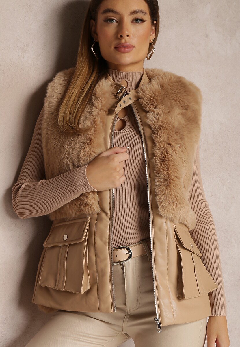 Beżowa Kamizelka  z Futerka i Ekoskóry Wiązana w Pasie Ondoli