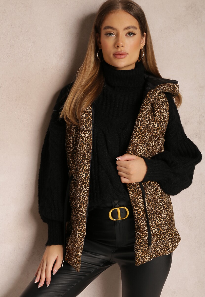 Jasnobrązowa Kamizelka w Panterkę z Kapturem Pikowana Angane