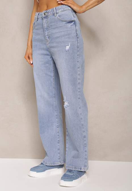 Niebieskie Szerokie Jeansy z Bawełny Ozdobione Haftami Hiame