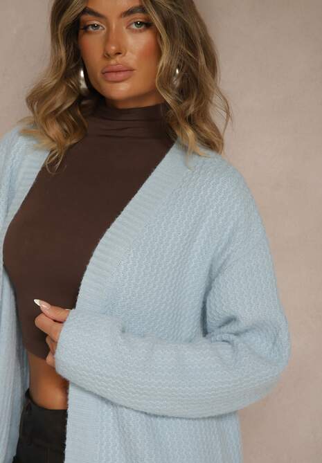 Niebieski Długi Kardigan Niezapinany z Bawełną Ferrive