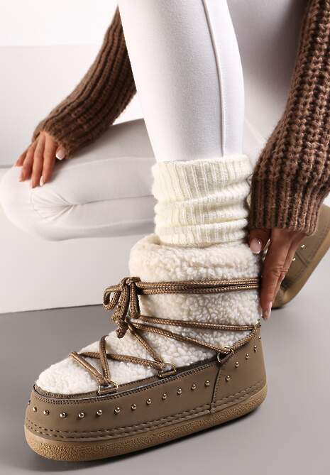 Ciemnobeżowe Śniegowce z Ozdobnym Sznurowaniem Ćwiekami i Futerkiem Covesa