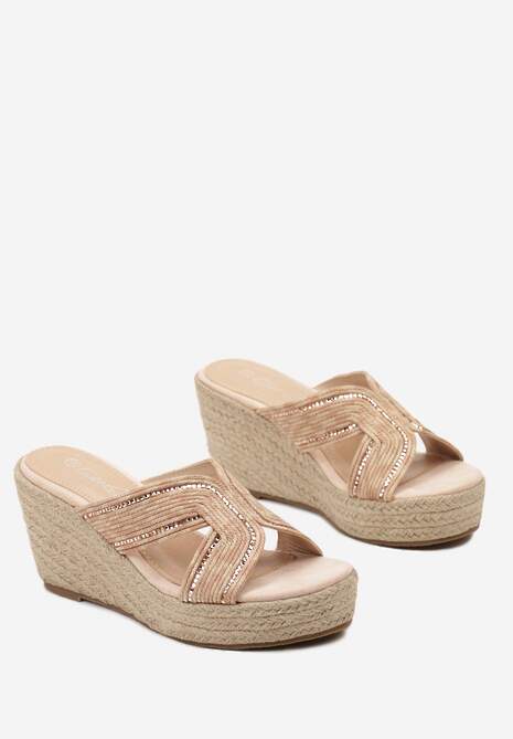 Różowe Klapki Ozdobione Kamyczkami na Koturnie Plecionym Biurlia