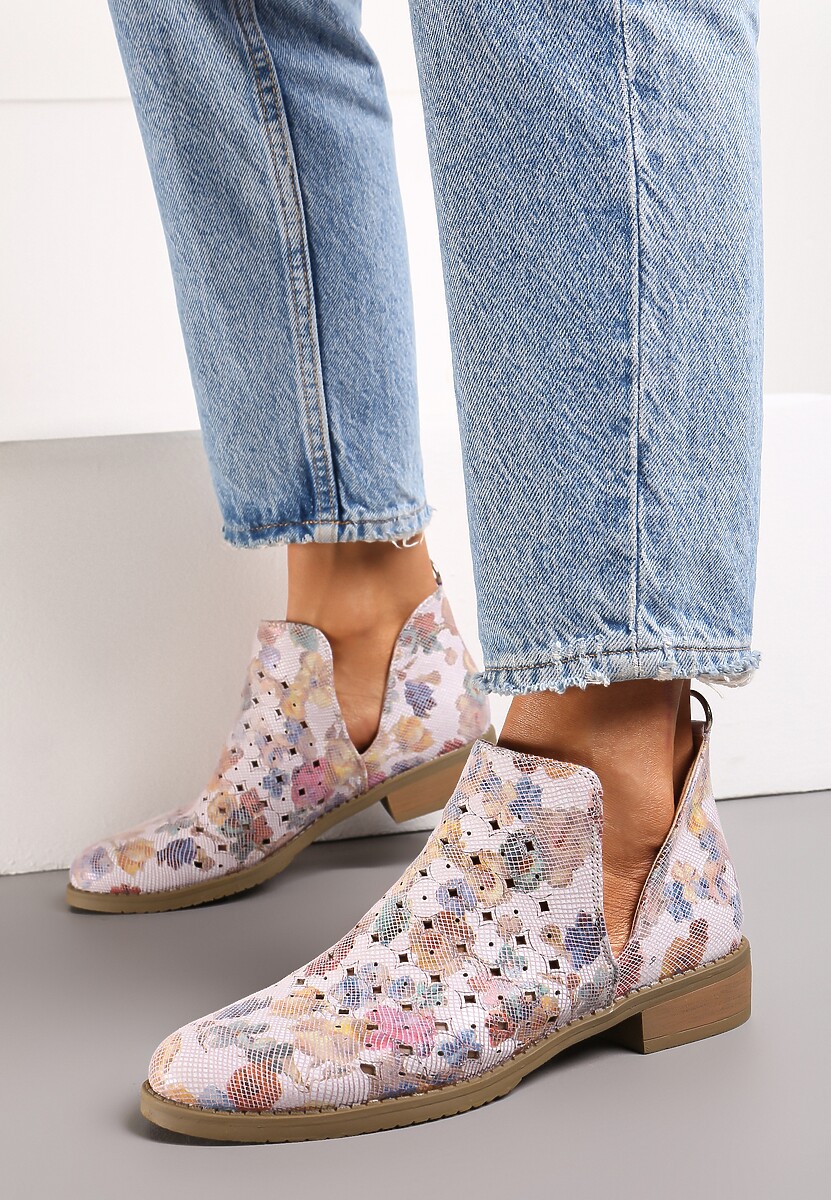 Różowe Ażurowe Botki za Kostkę z Wycięciem i Skórzaną Wkładką Bamma