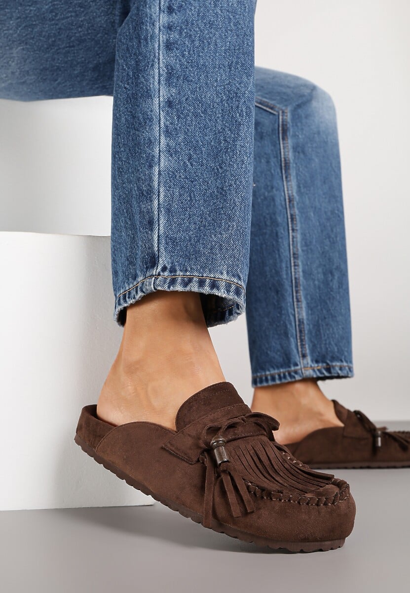 Ciemnobrązowe Klapki Ozdobione Kokardą i Frędzlami Felindrise