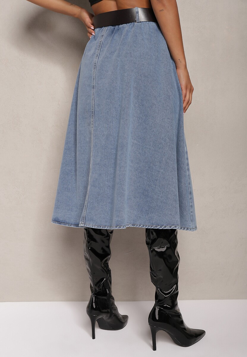 Niebieska Rozkloszowana Spódnica Jeansowa Midi z Paskiem Wendlla