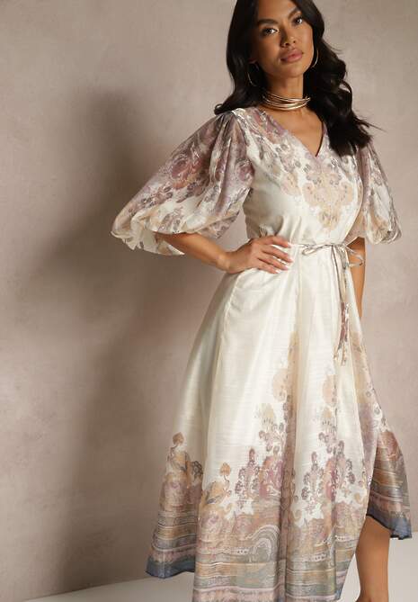 Jasnobeżowa Rozkloszowana Sukienka z Wiskozy z Wiązaniem i Ornamentalnym Wzorem Redanira